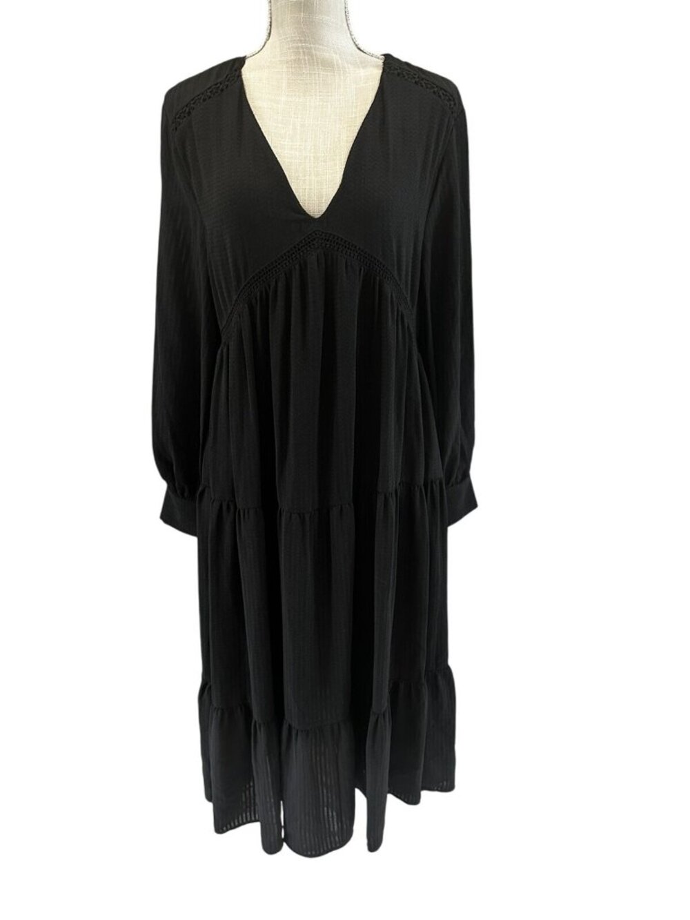 Zara Black Tiered V-Neck Dress With Long Sleeves & Lace Details Size S